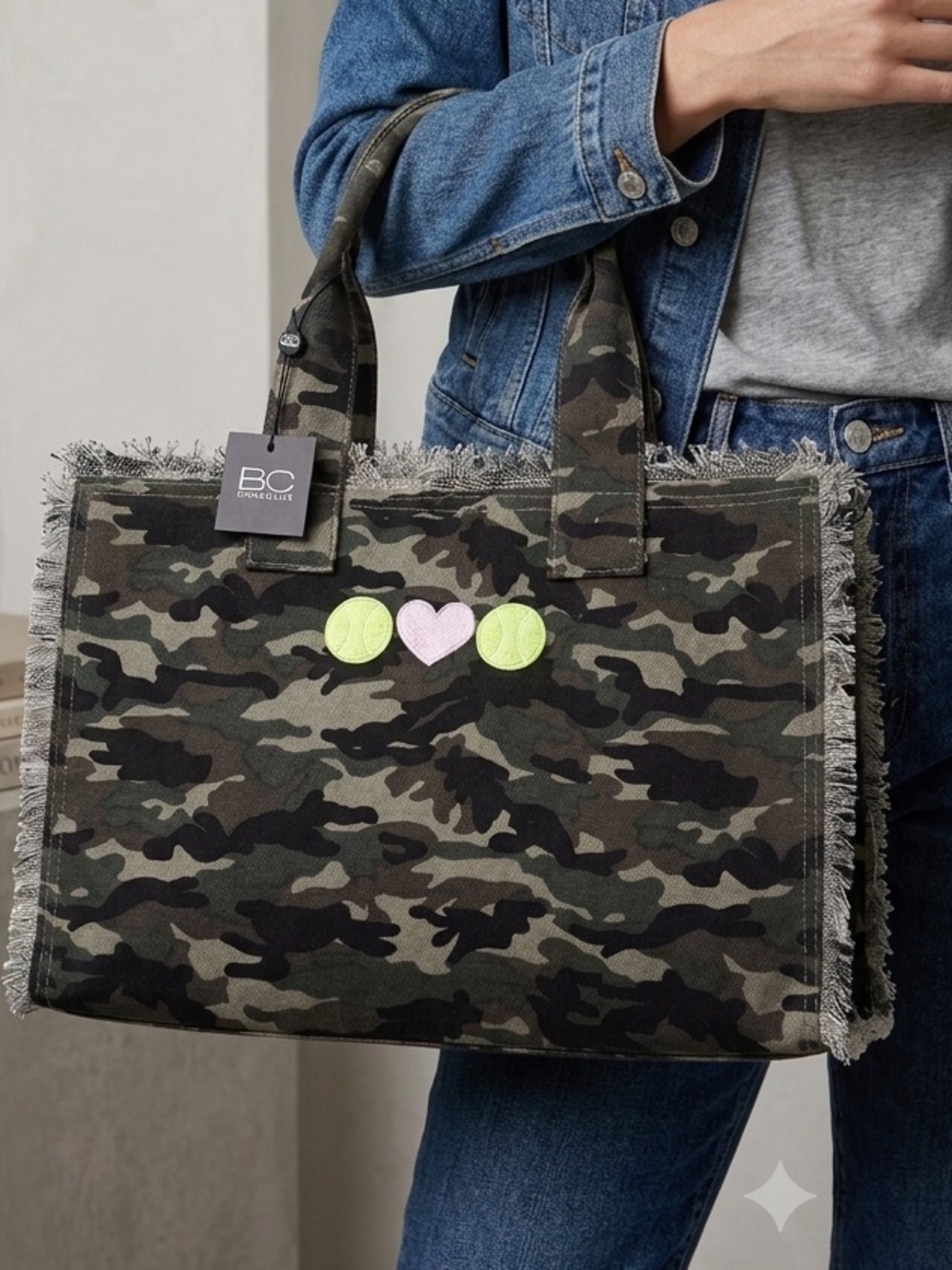Camo Canvas Tote with Pink Heart and Neon Green Accents